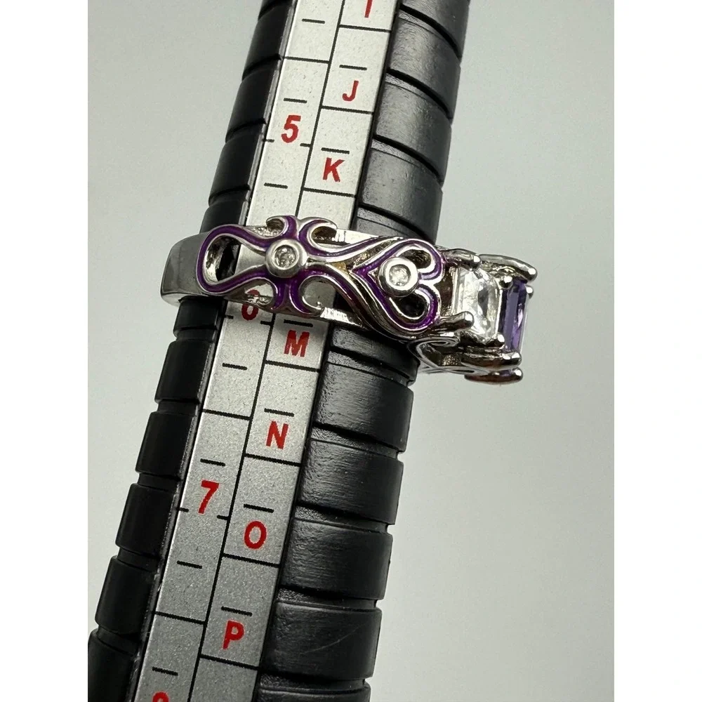 Sterling Silver‎ Purple Princess Cut Three Stone Ring Enamel Heart Filigree Sz 6